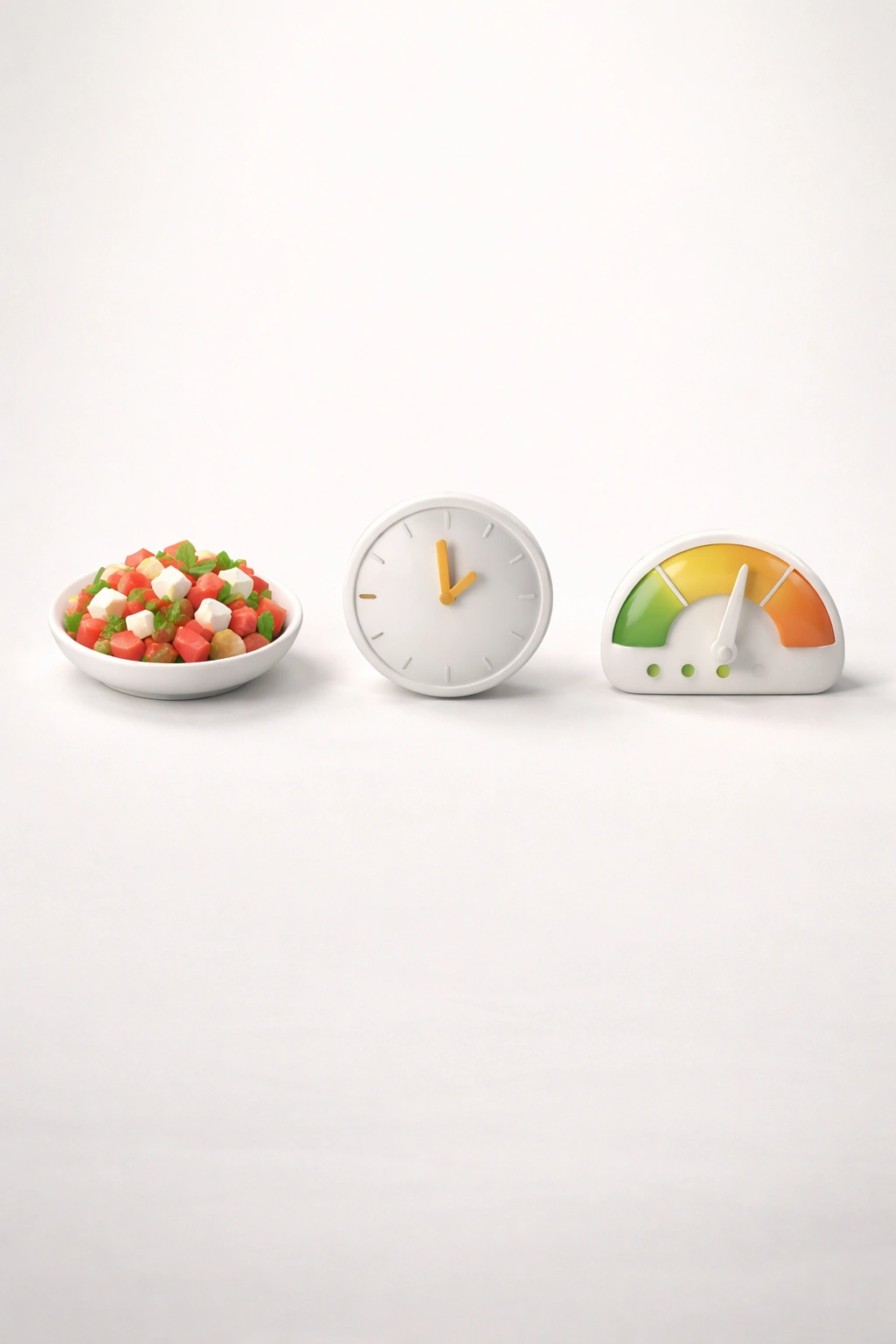 Abstract icons representing yield, prep time, and difficulty as plate, clock, and gauge shapes on a neutral backdrop
