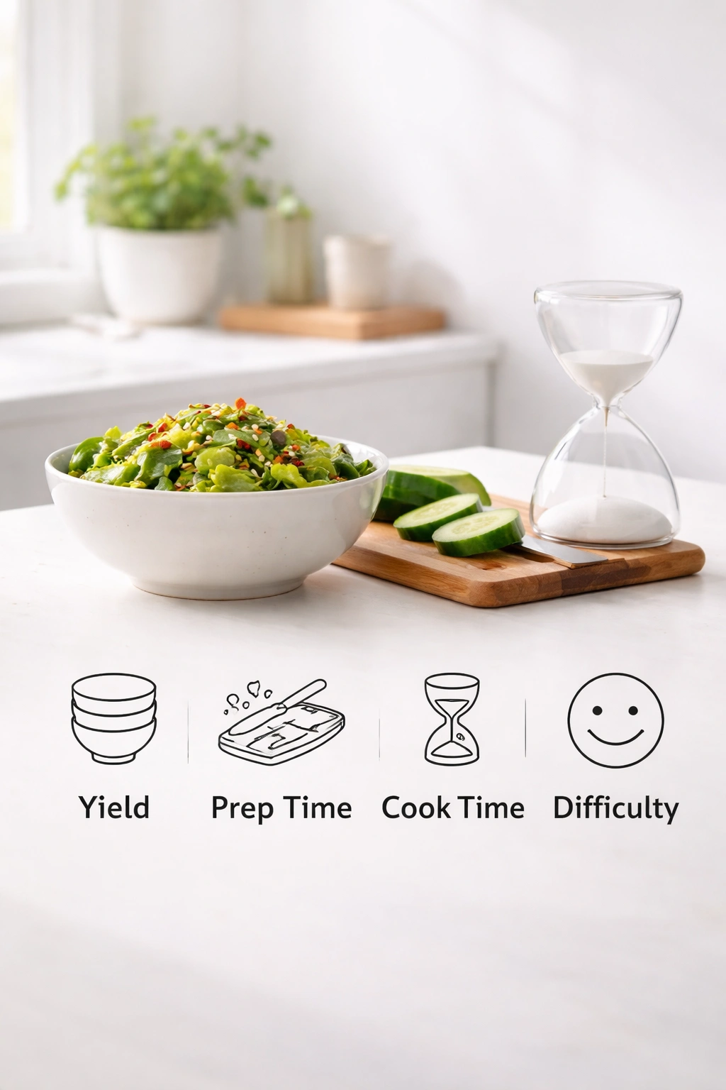 Minimalist kitchen scene showing cucumber salad with an hourglass timer