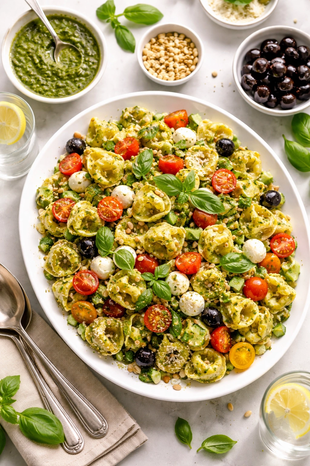 Salad platter with tortellini and vegetables arranged to imply generous yield