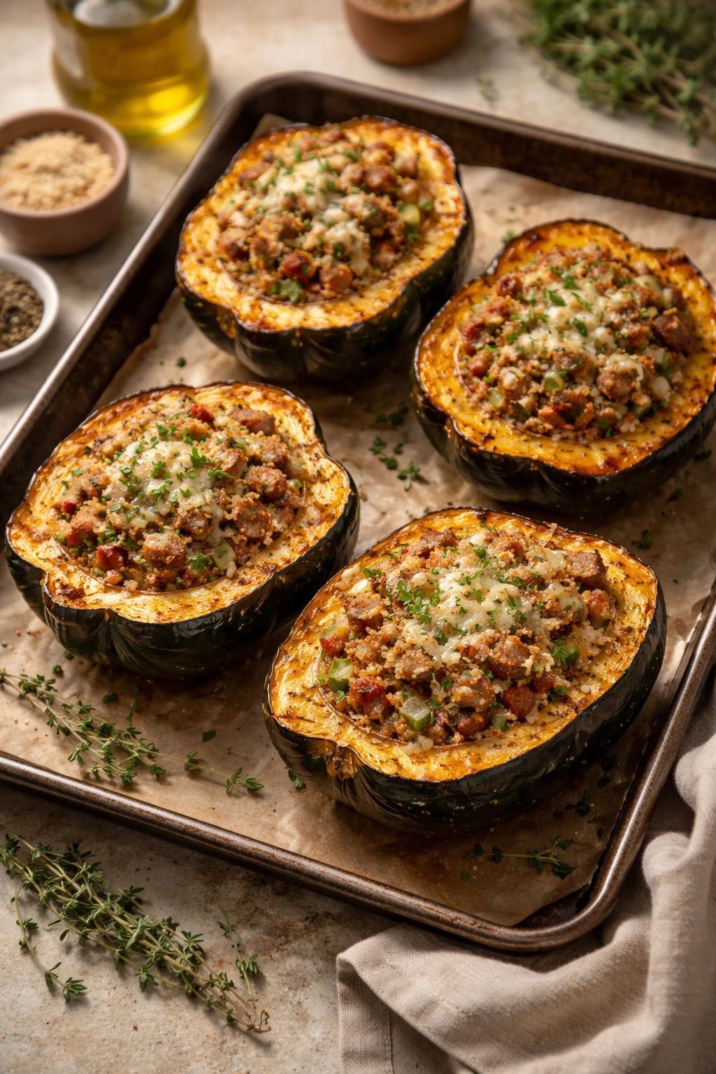 Four stuffed acorn squash halves on a baking sheet.