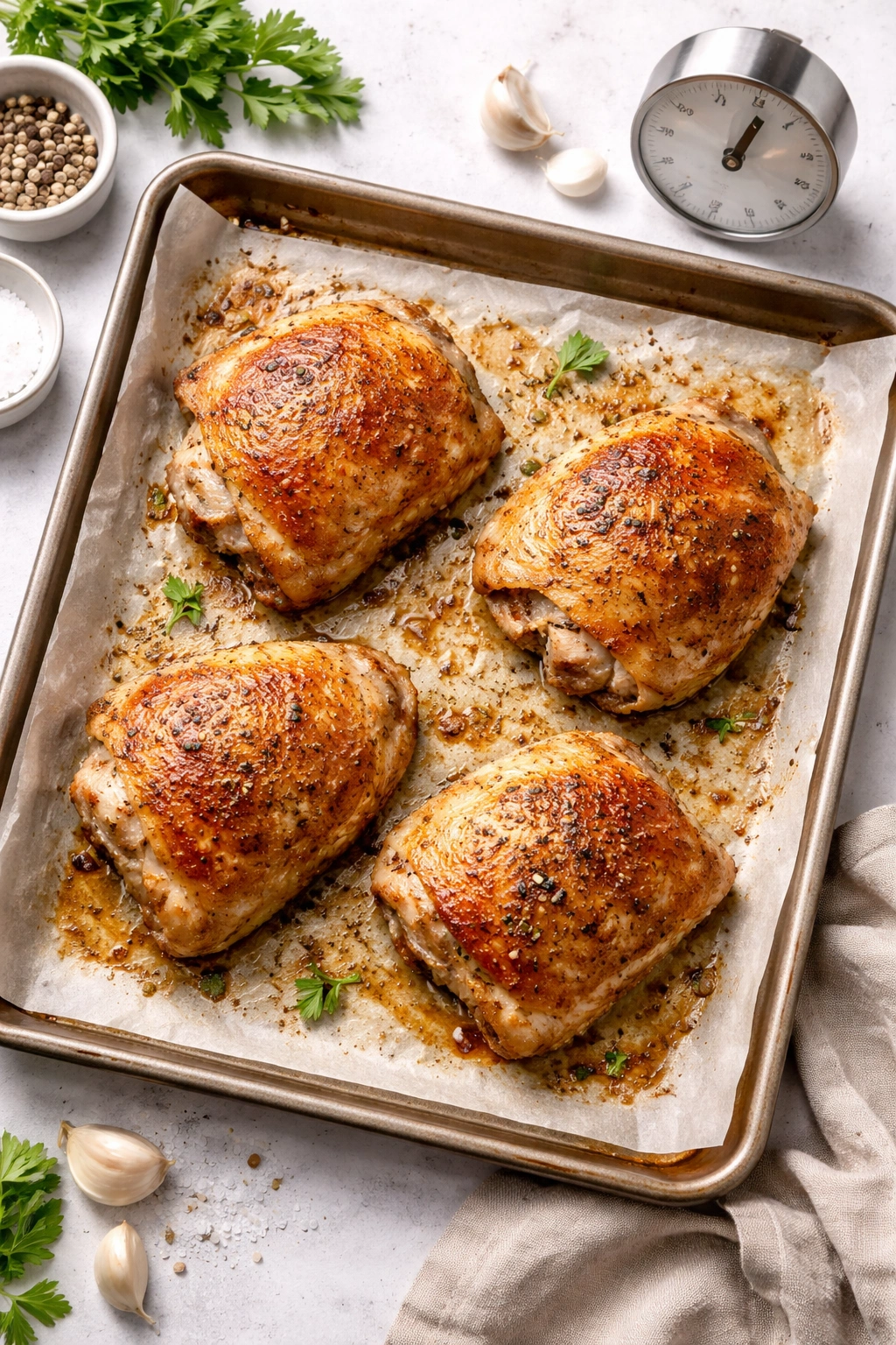 Four bone-in thighs on parchment with timer