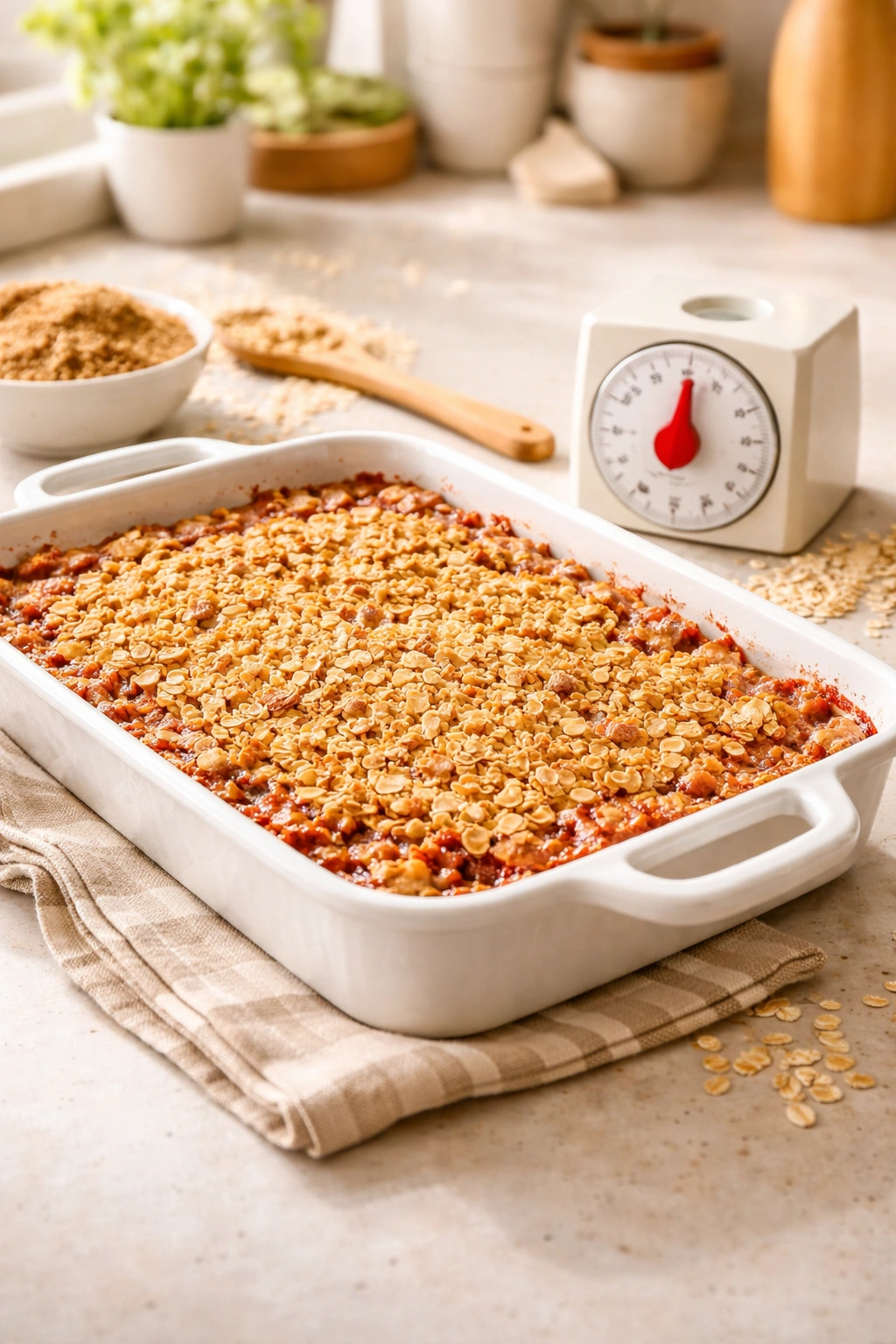 9x13 baking dish with golden fruit crisp and a kitchen timer nearby