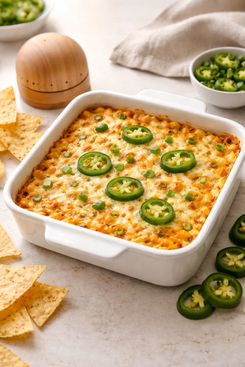 Baking dish with jalapeño dip and a timer on a clean counter