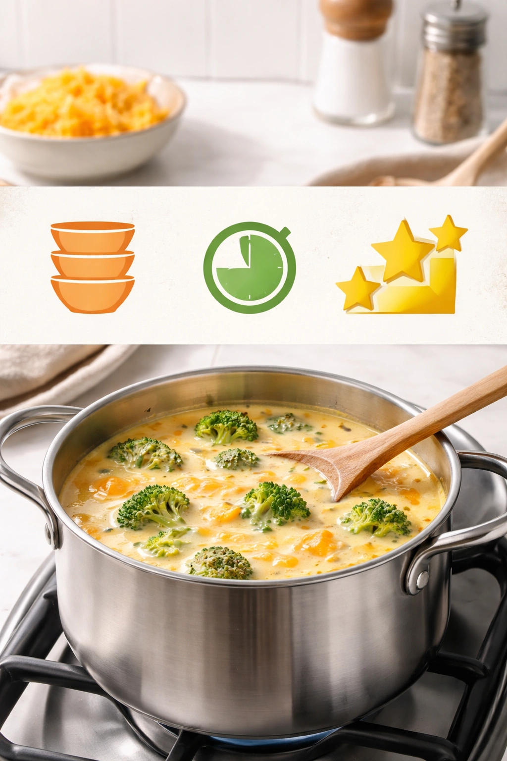 Minimalist kitchen scene with icons depicting servings, time, and difficulty