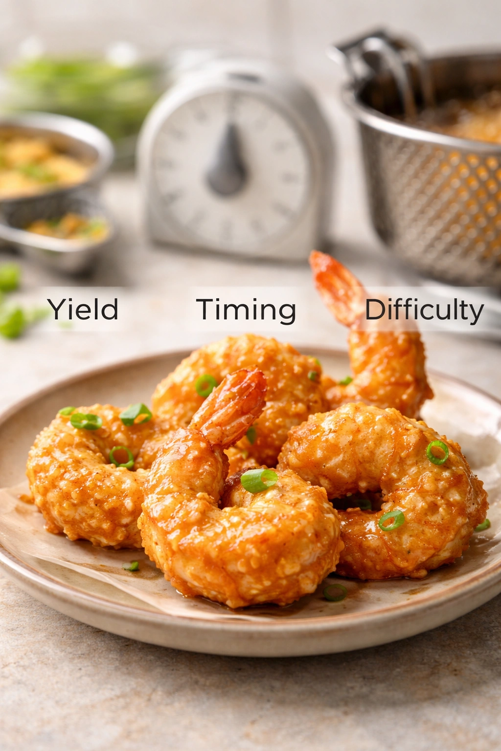Plate of four shrimp with timer silhouette in background