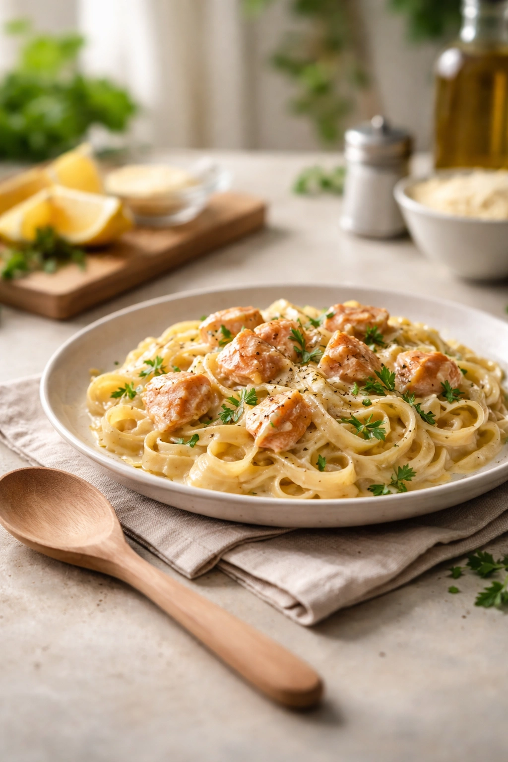 Finished creamy salmon pasta served on a plate with a wooden spoon nearby