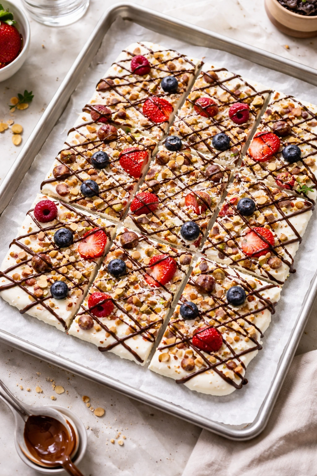 Close-up of chocolate-drizzled yogurt bark with crosshatch lines on a clean surface