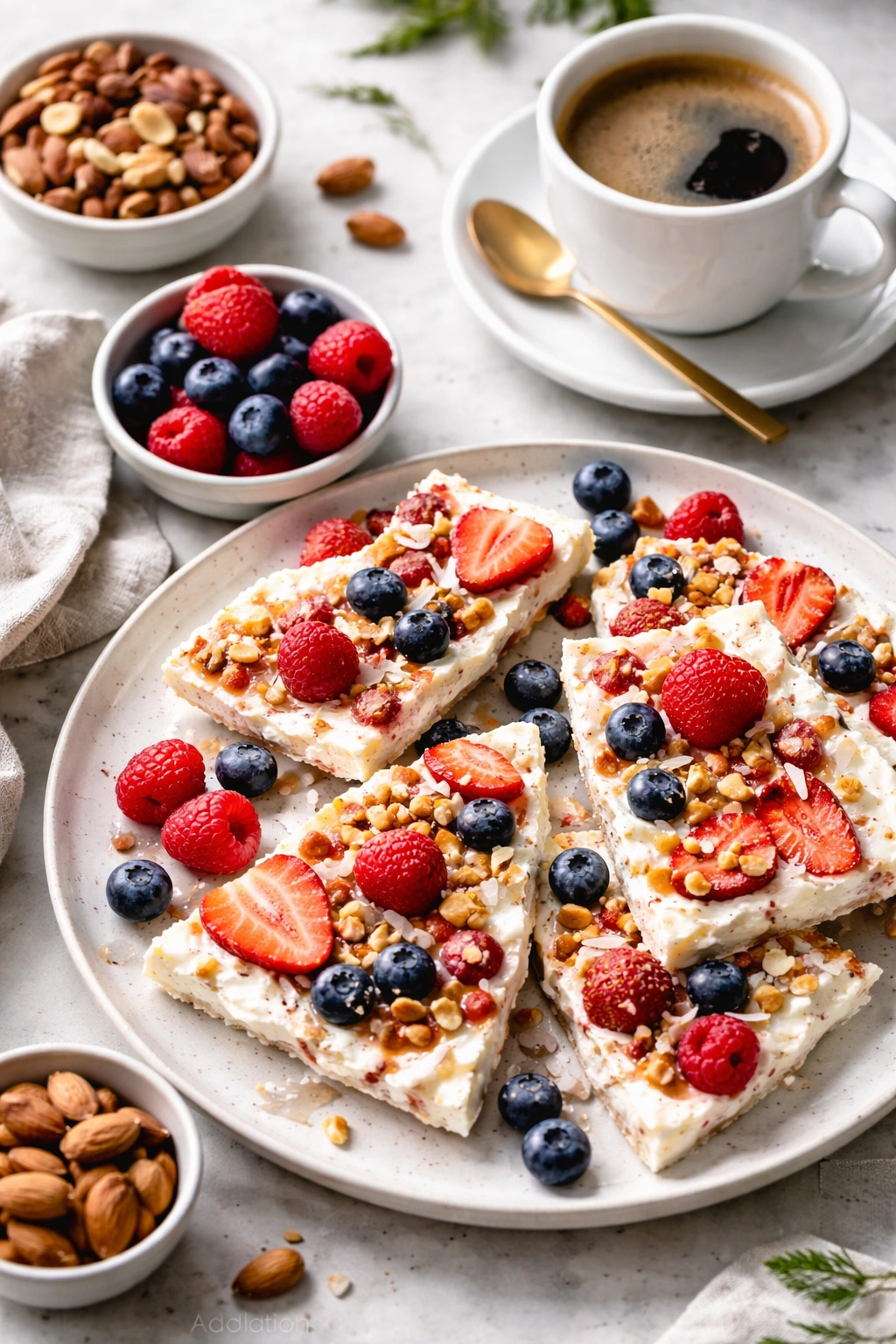 Close-up of frozen yogurt bark with coffee and nuts, suggesting serving pairings