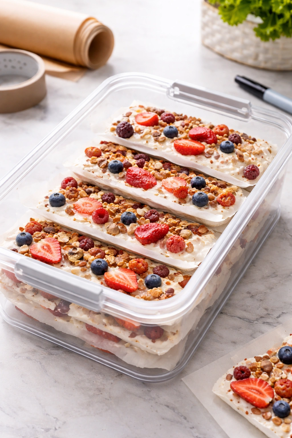 Frozen yogurt bark in a clear container with parchment between layers