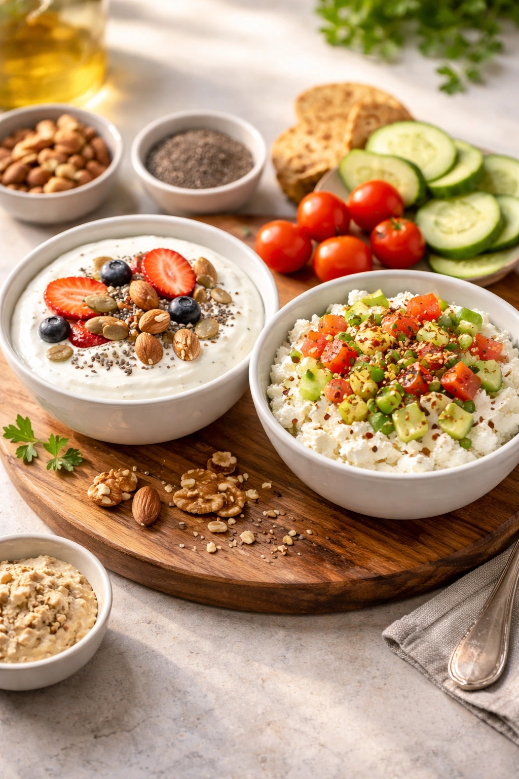 Greek yogurt with nuts and seeds and cottage cheese with savory toppings