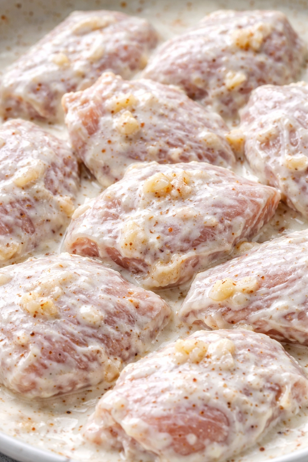 Marinated chicken pieces in yogurt with garlic and ginger.