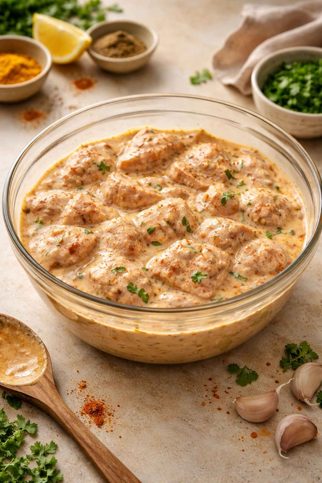 Chicken marinating in yogurt in a bowl on kitchen counter