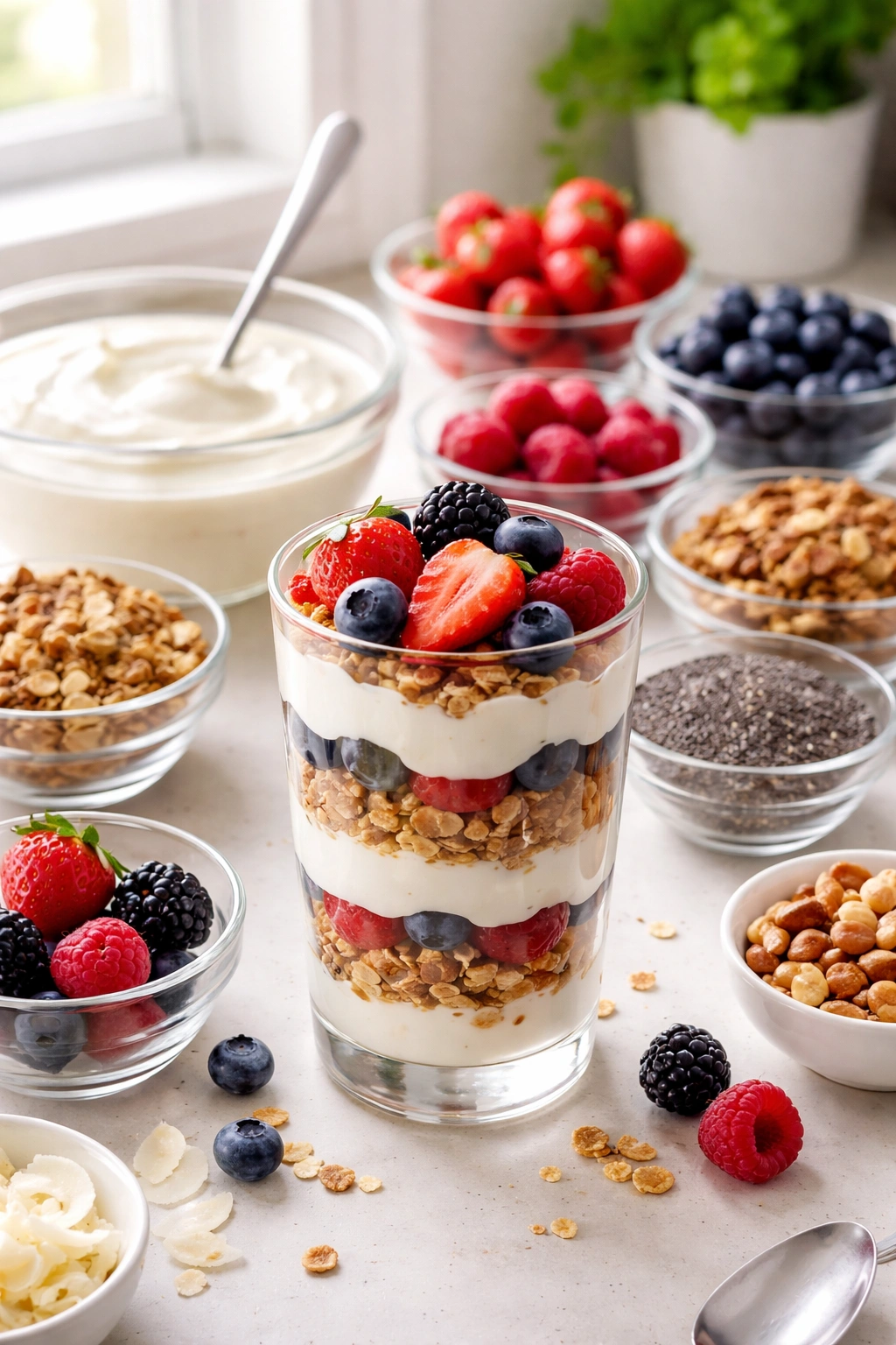 Close-up of a yogurt parfait in a clear glass showing layered yogurt, granola, and berries