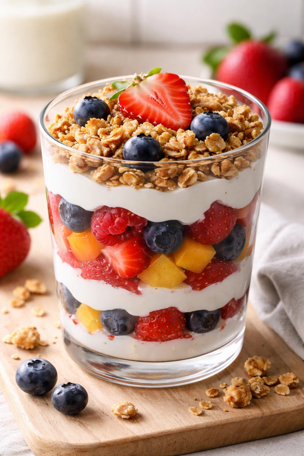Parfait in a clear glass with layers of yogurt, fruit, and granola