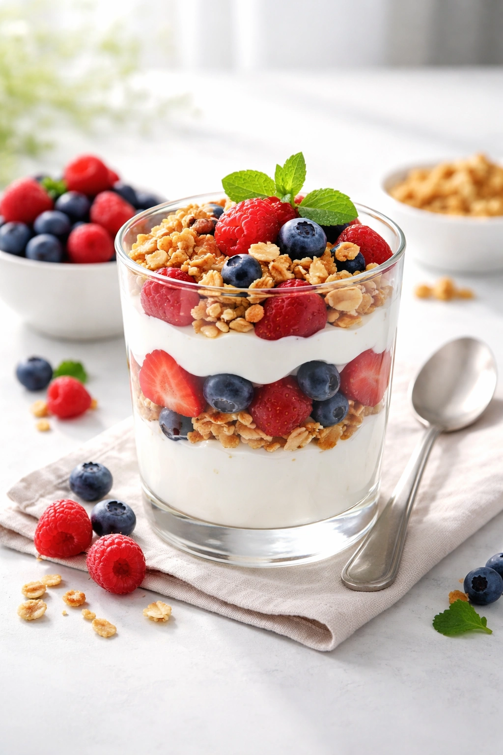 Layered Greek yogurt parfait with fruit and granola in a glass