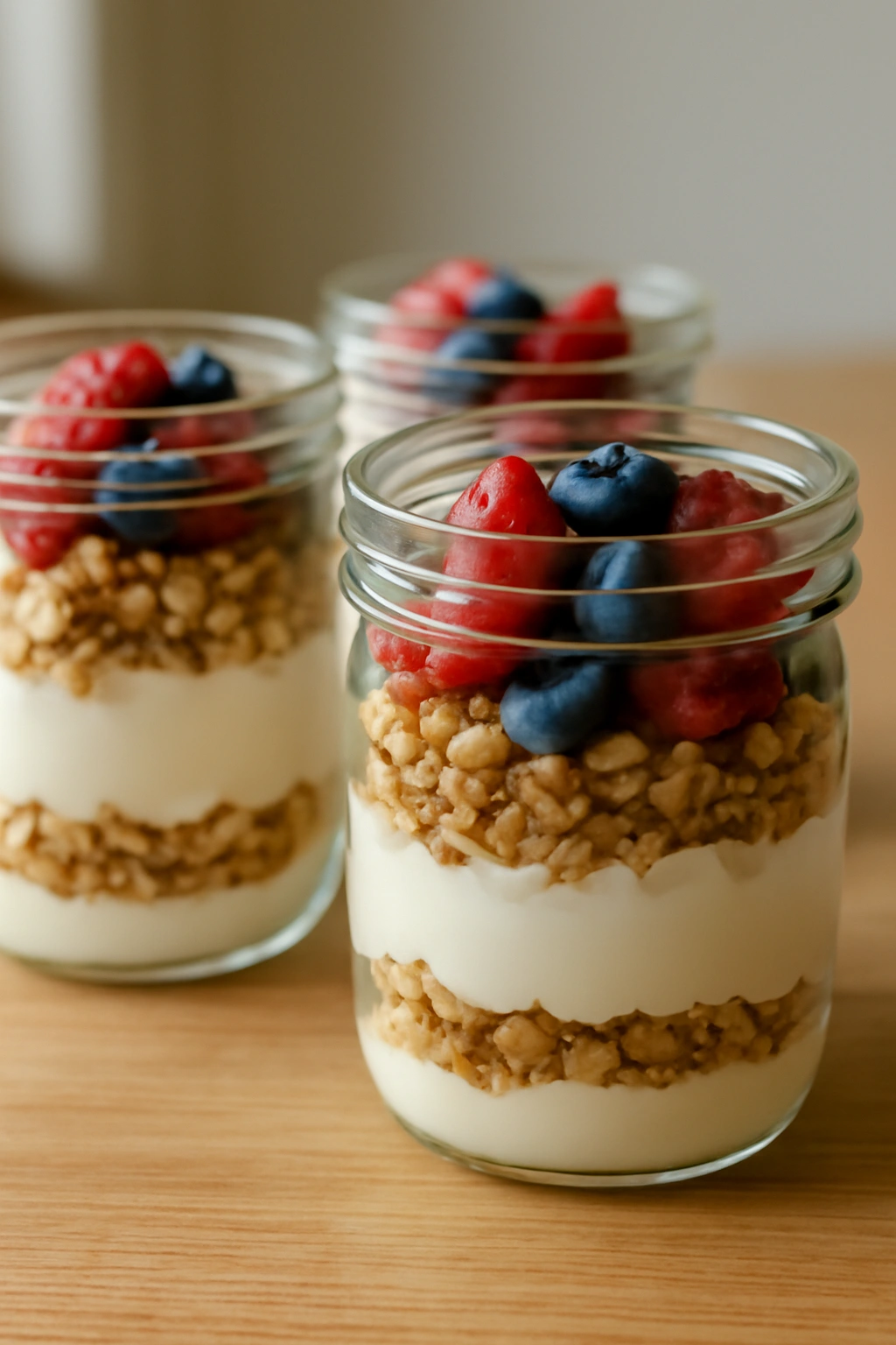 Close-up of a layered yogurt parfait jar showing yogurt, granola, and fruit on a wooden counter