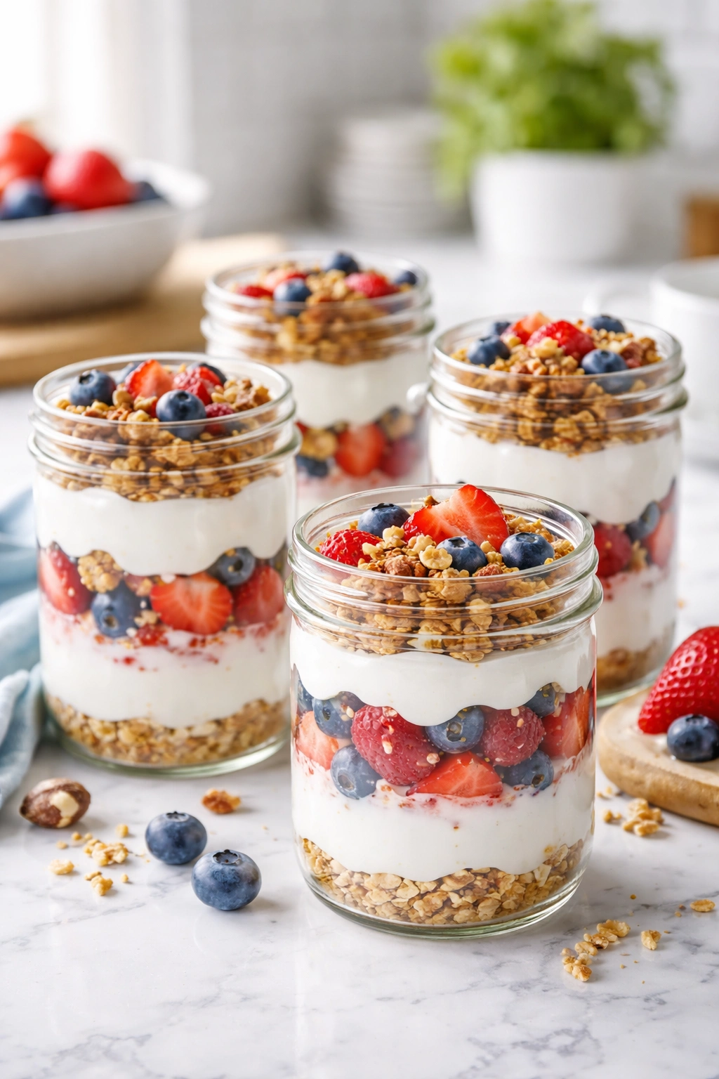 Layered yogurt parfaits in jars with fruit and granola.