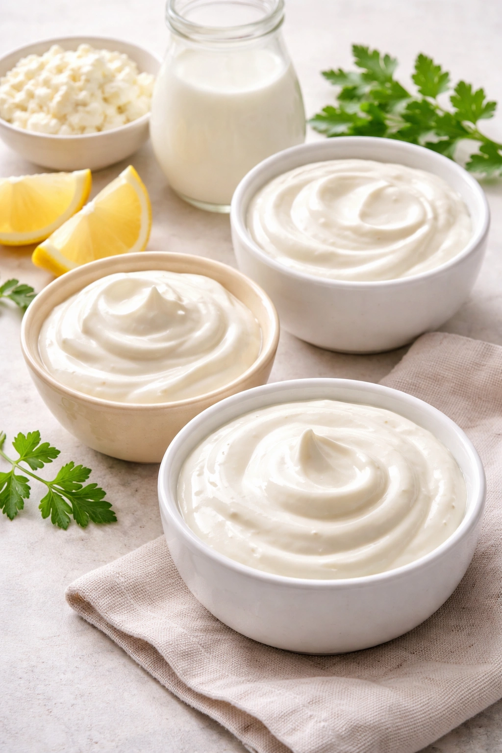Dairy swap options for lighter stroganoff in small bowls
