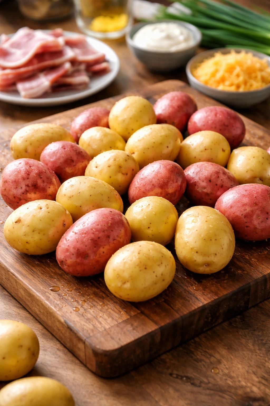 Yukon gold and red potatoes on a cutting board ready for cooking
