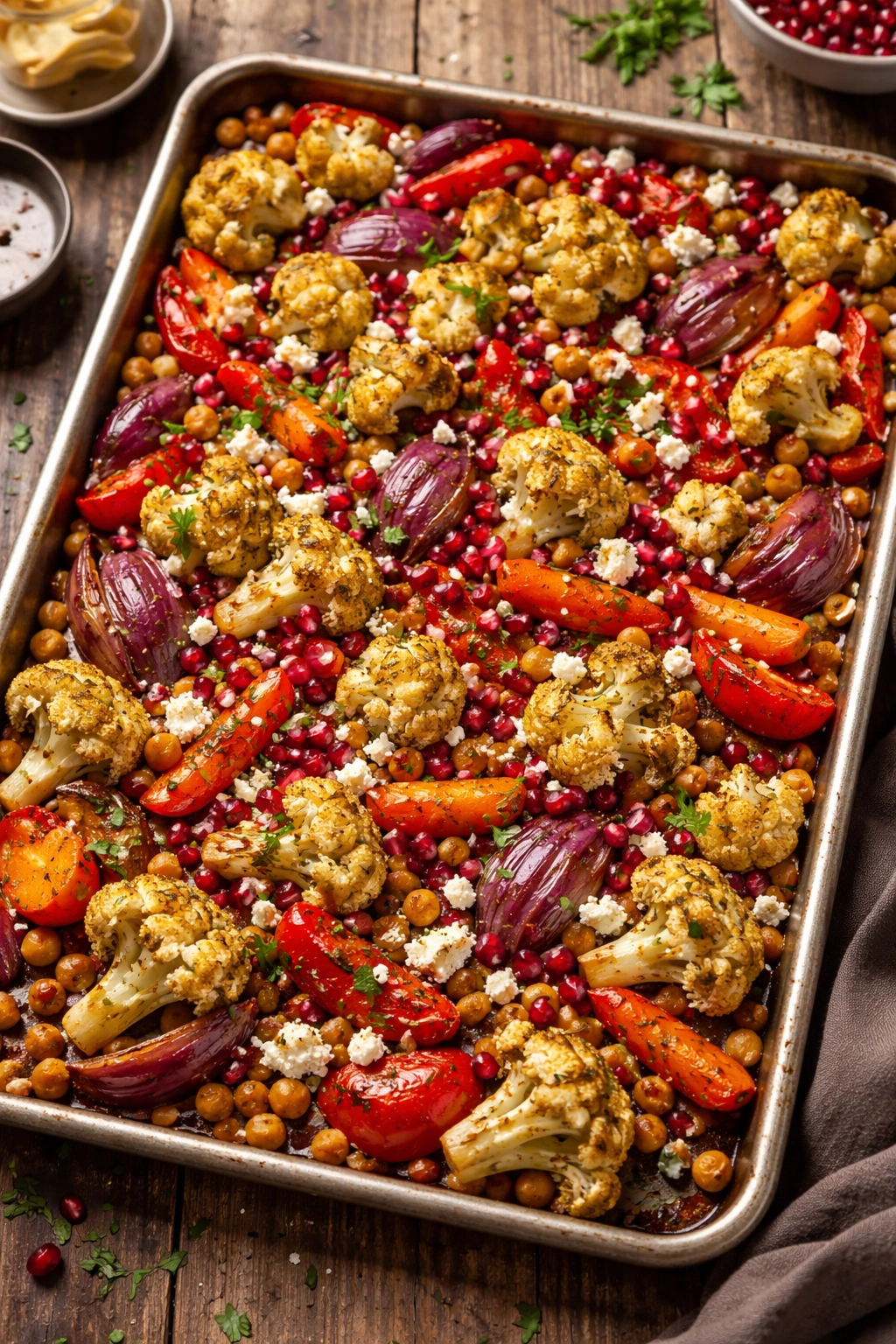 Roasted vegetables with feta and pomegranate on a sheet pan, colorful and caramelized