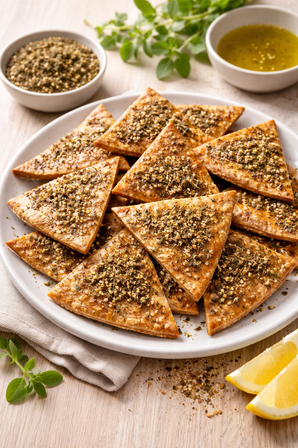 Toasted whole-grain pita triangles with za'atar on a plate