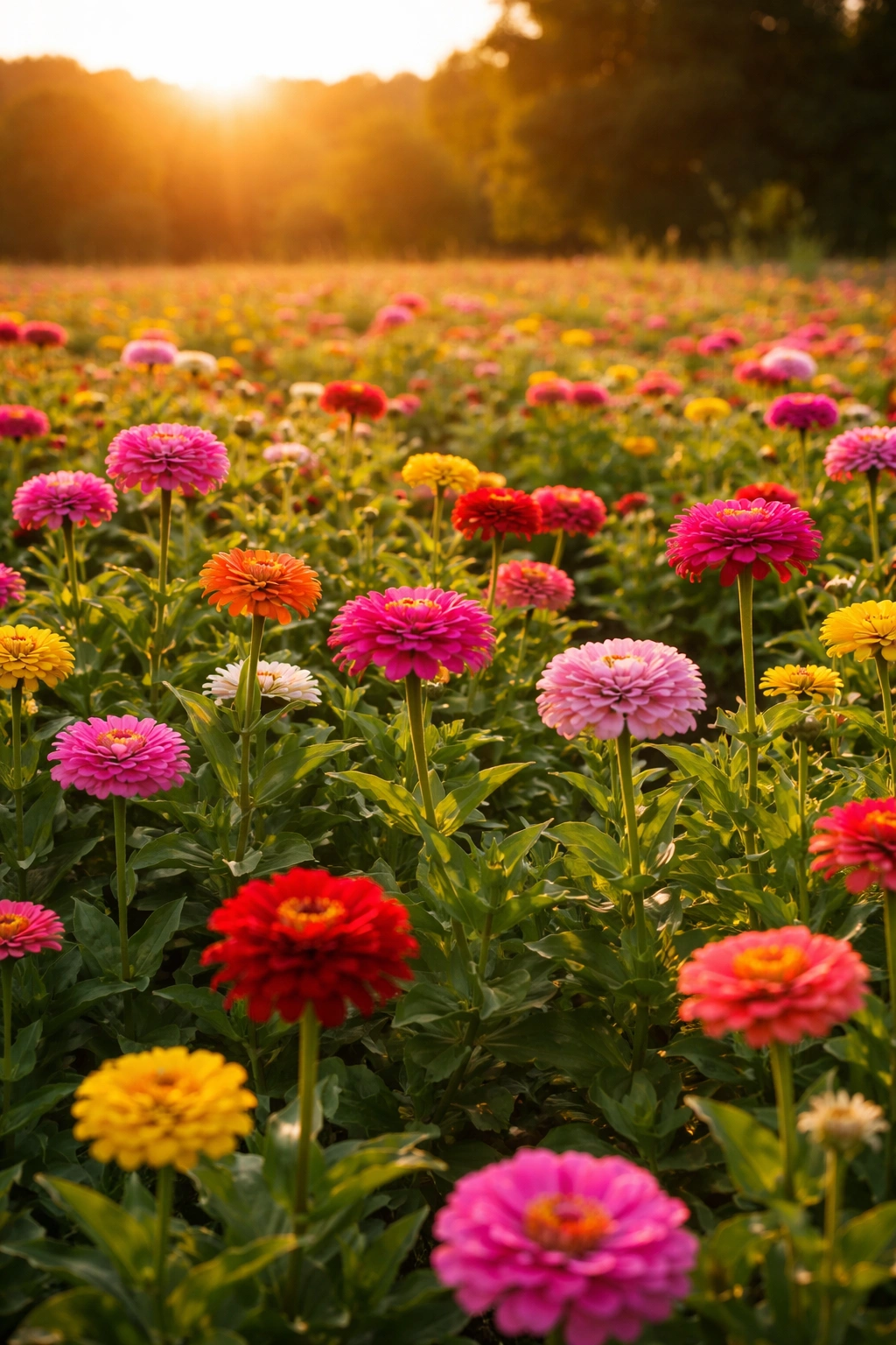 Blooms of colorful zinnias in sunny garden