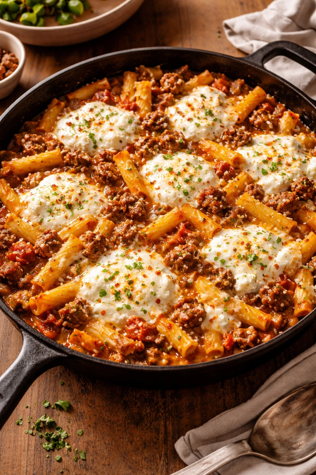 Skillet baked ziti with sausage and melted mozzarella