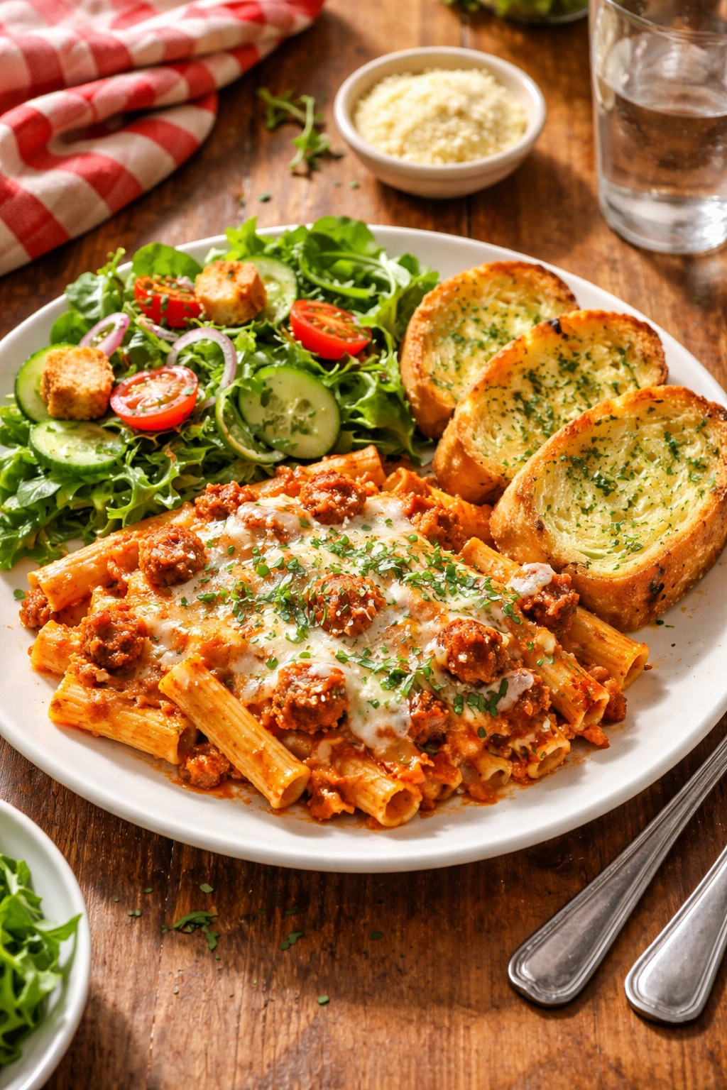 Plate with green salad and garlic bread slices as sides for baked ziti.