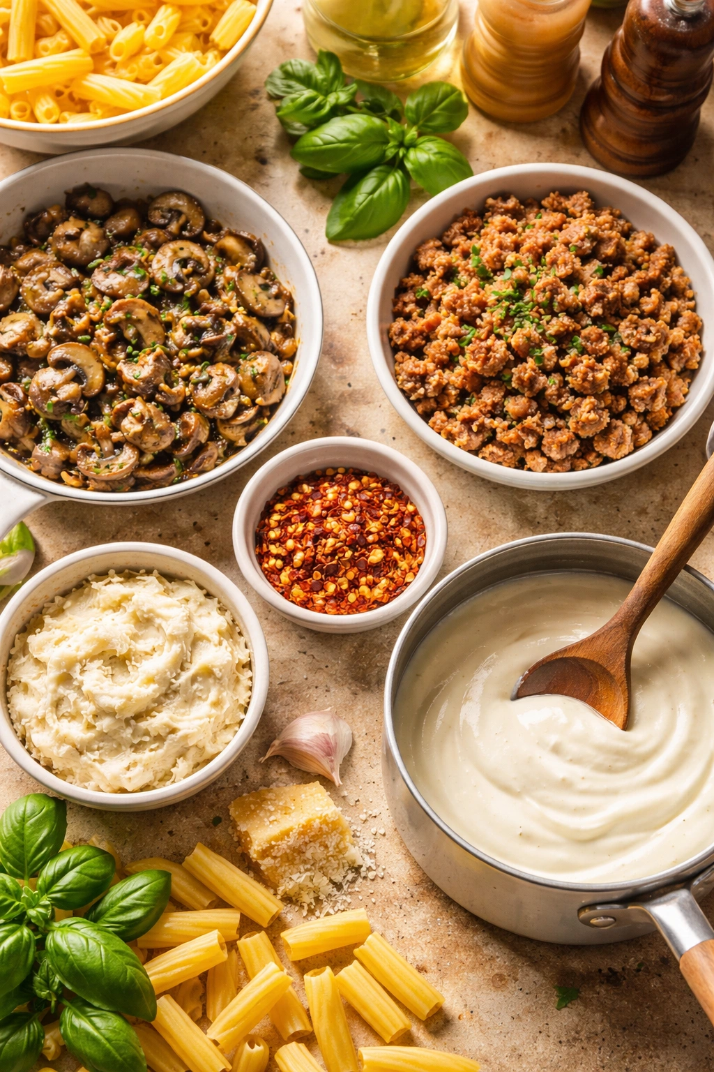 Ingredients for ziti variations including mushrooms, sausage, red pepper flakes, and white sauce