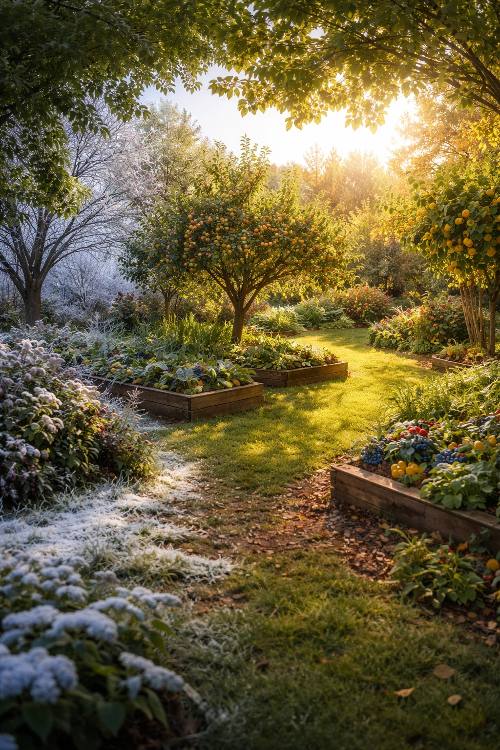 Stylized garden scene showing sunlit, shaded, and frost zones to indicate growing zones