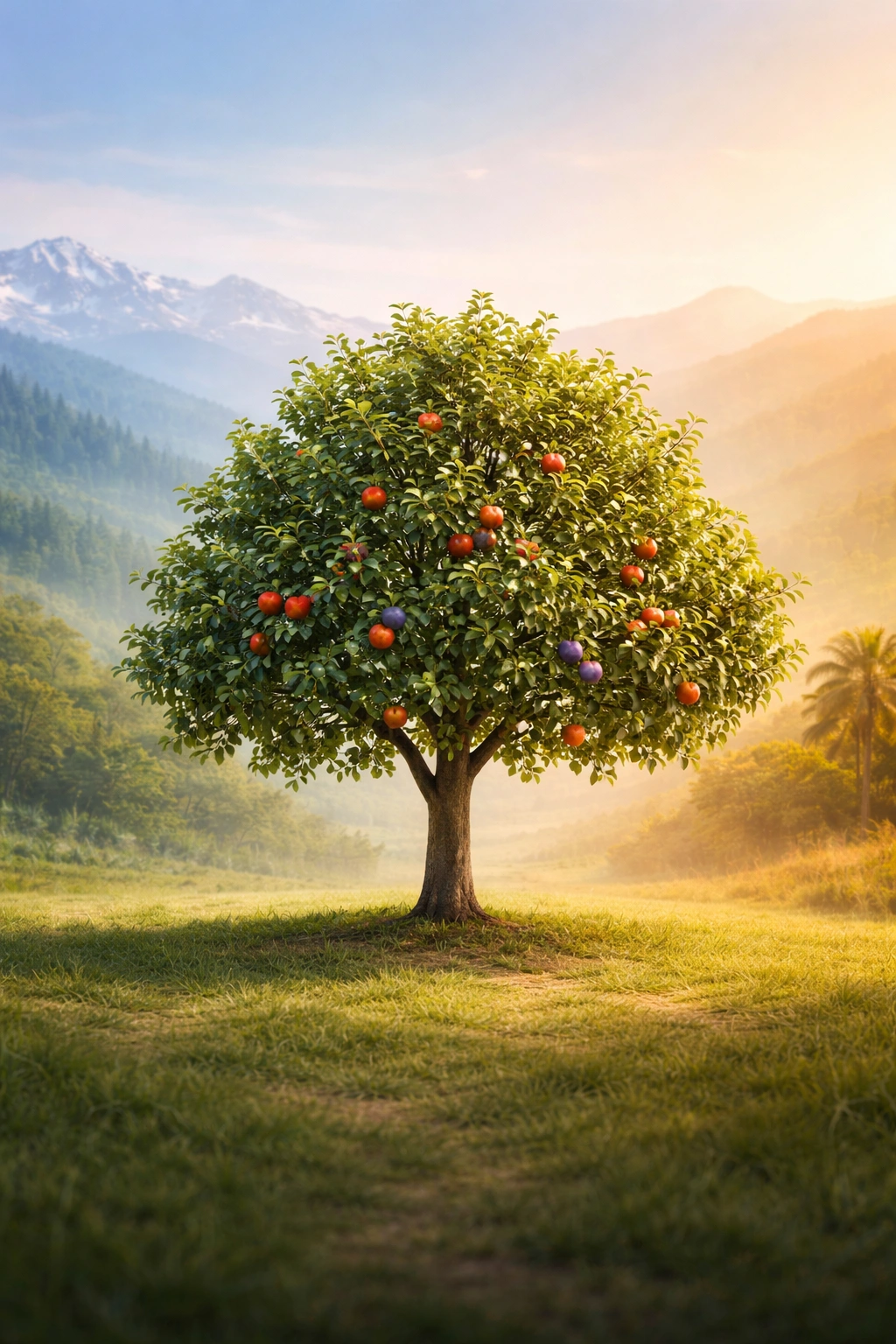 Single fruit tree silhouette against a gentle climate gradient illustrating zone considerations
