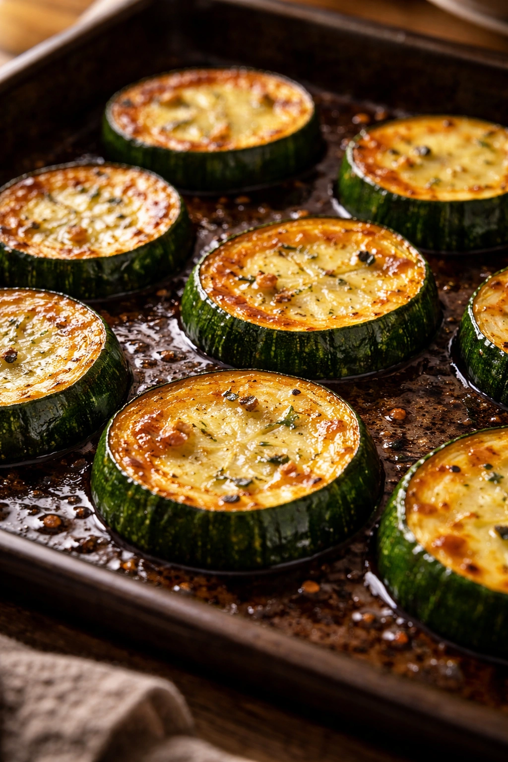Close-up of zucchini slices on a baking sheet showing caramelized edges