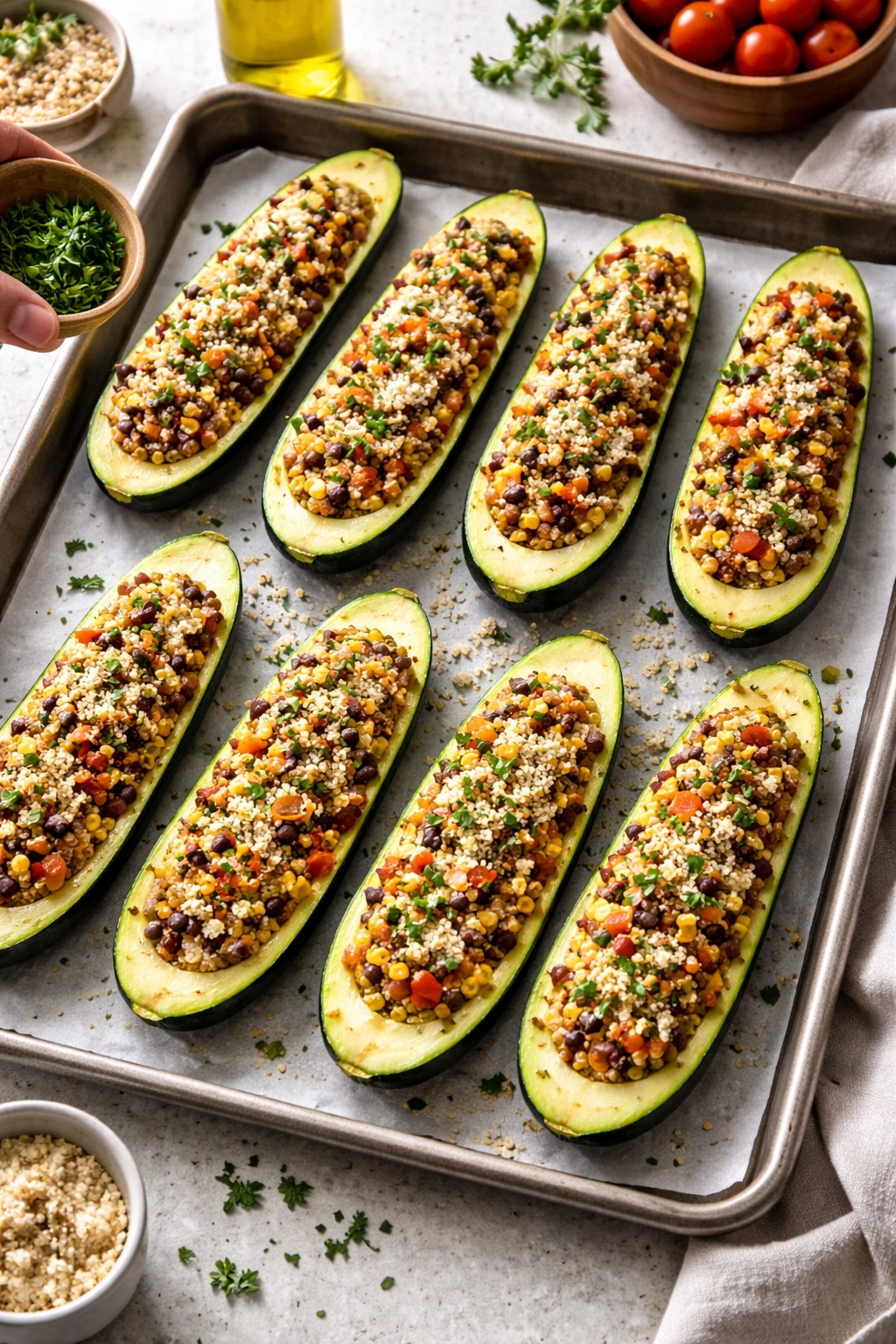 Zucchini boats filled and arranged on a baking sheet ready to bake