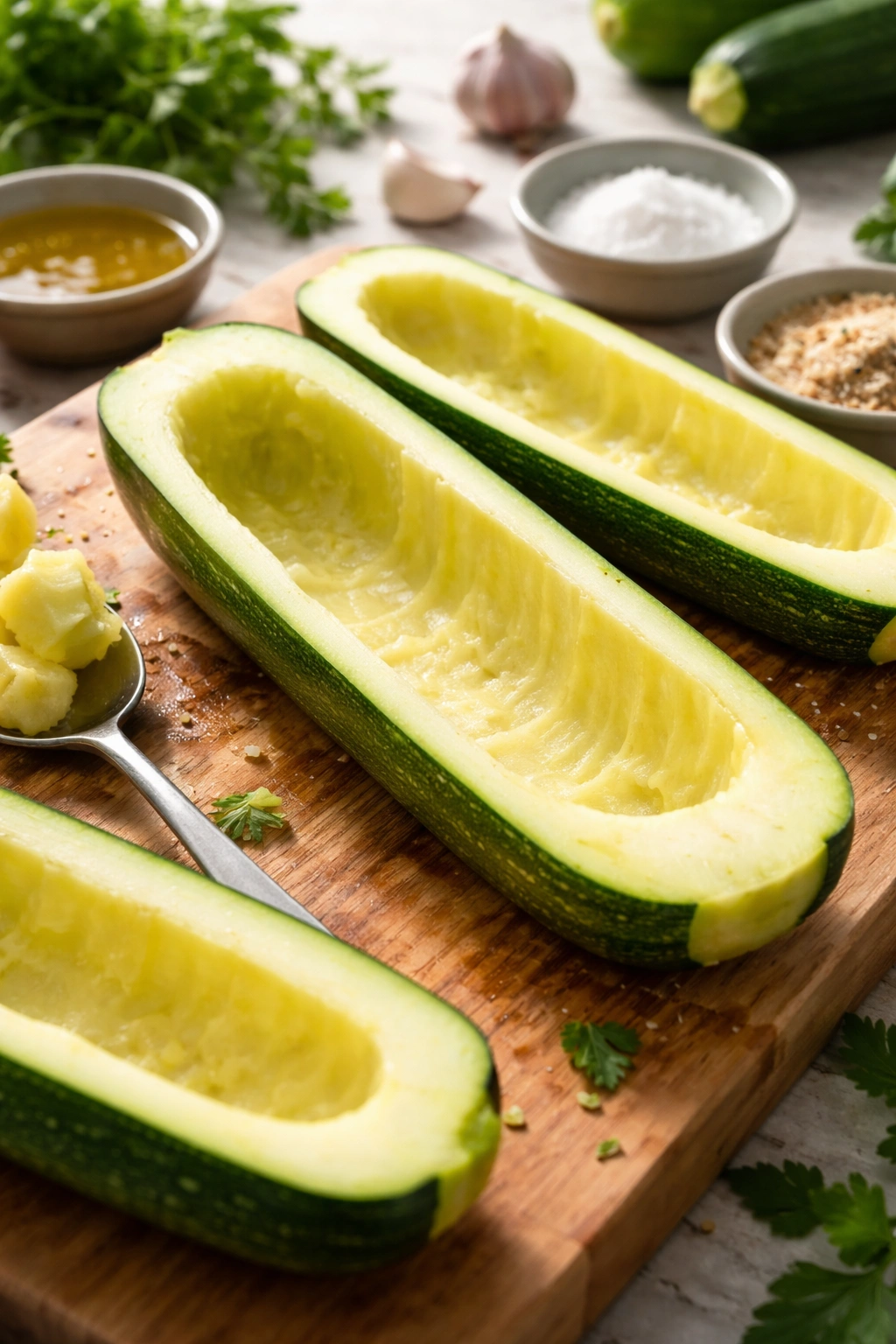 Close-up of hollowed zucchini boat on wood board showing even flesh thickness