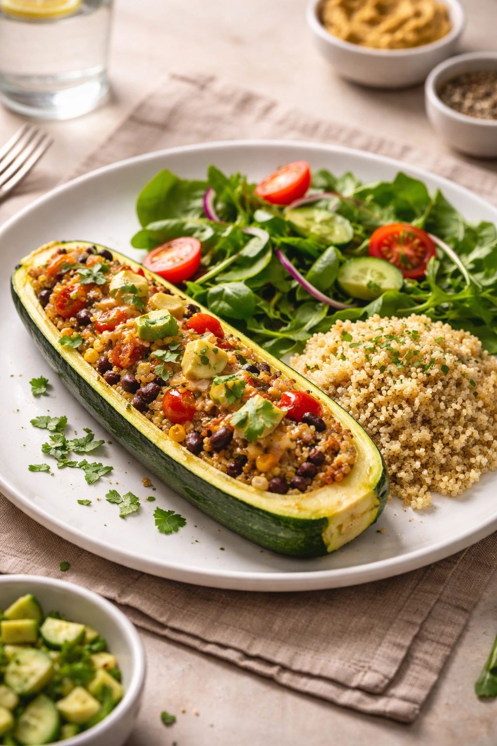 Zucchini boat plated with quinoa and green salad