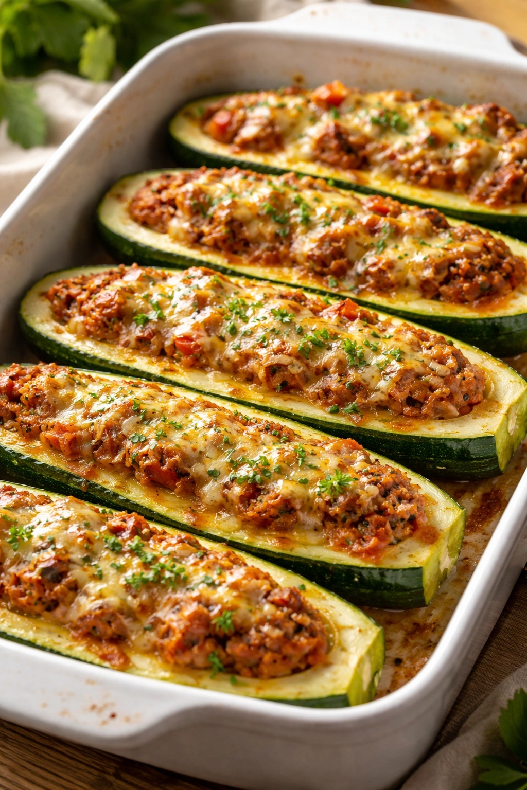 Stuffed zucchini boats with sausage and cheese in a baking dish