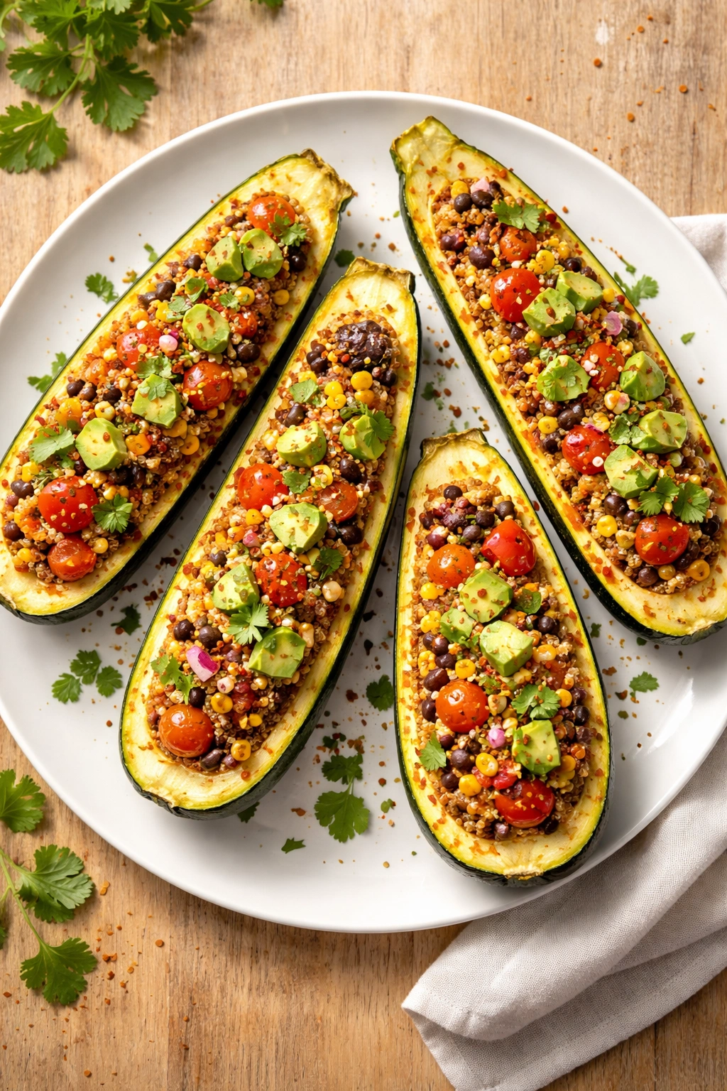 Hollowed zucchini boat halves filled with filling on plate