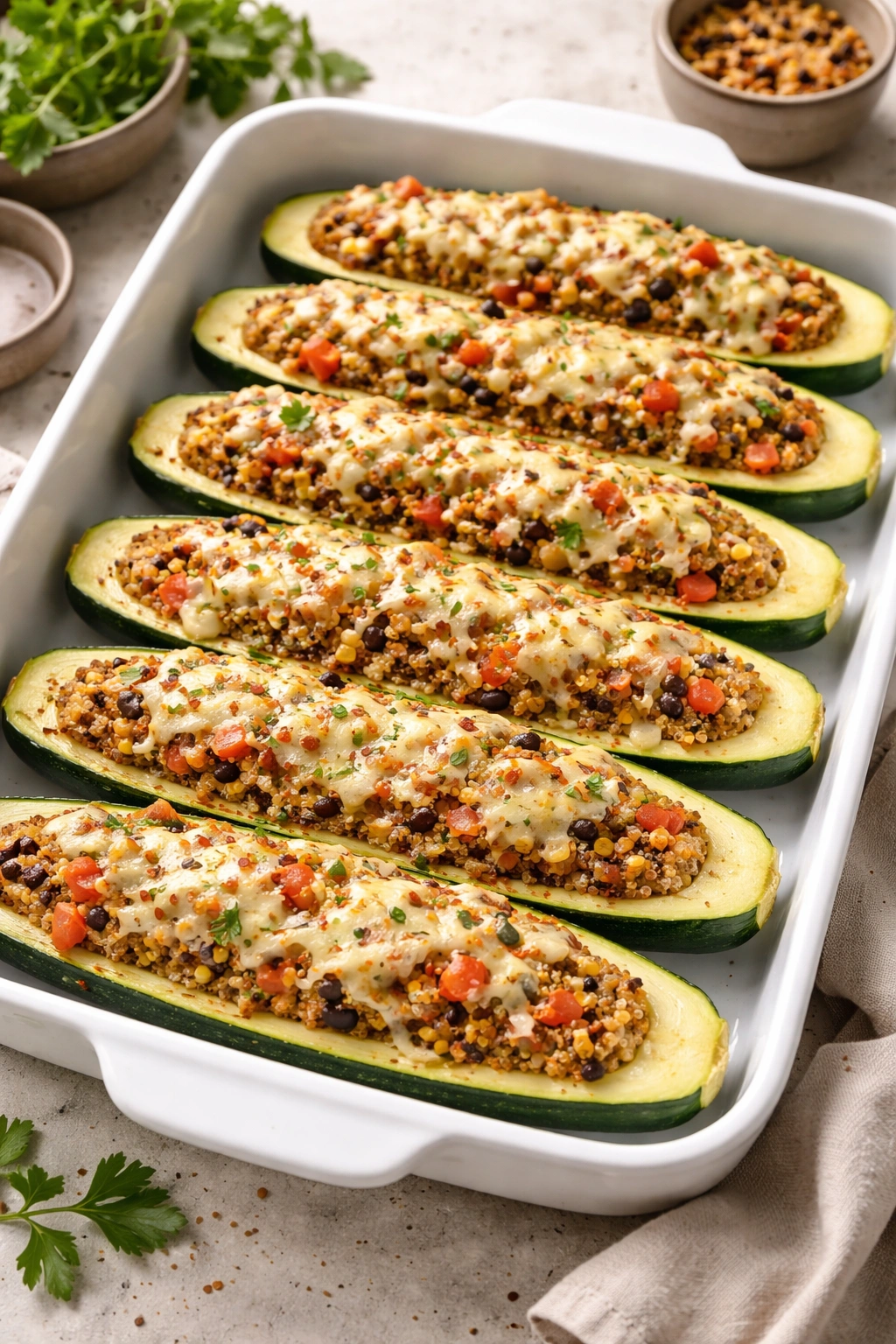 Eight stuffed zucchini boats in a baking dish