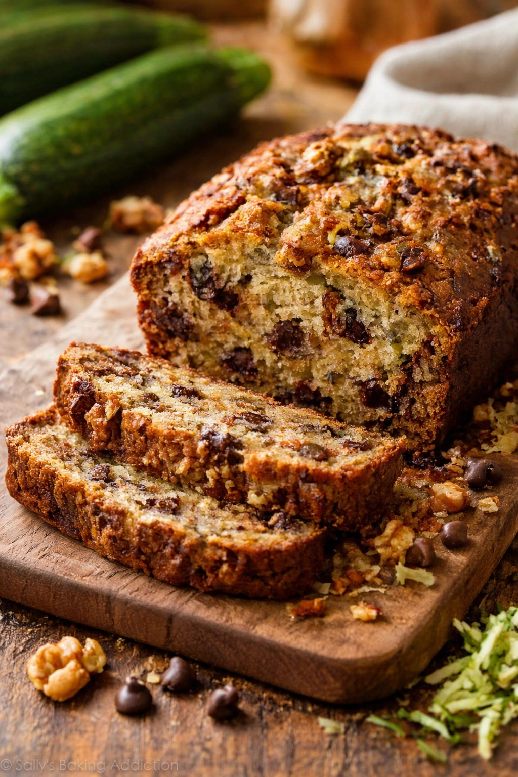 Rustic zucchini bread with visible walnuts and chocolate chips
