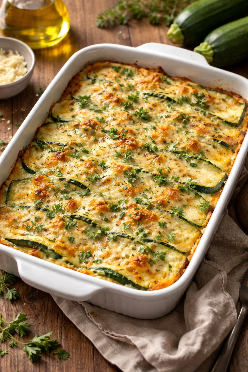 Zucchini casserole with cheese and herbs in a bake dish, golden top