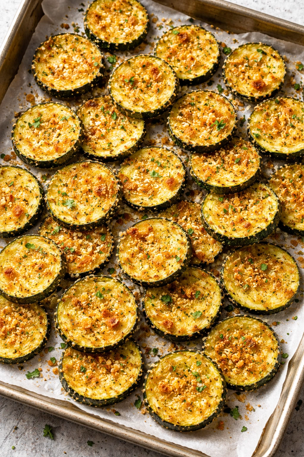 Crispy baked zucchini chips on a sheet pan