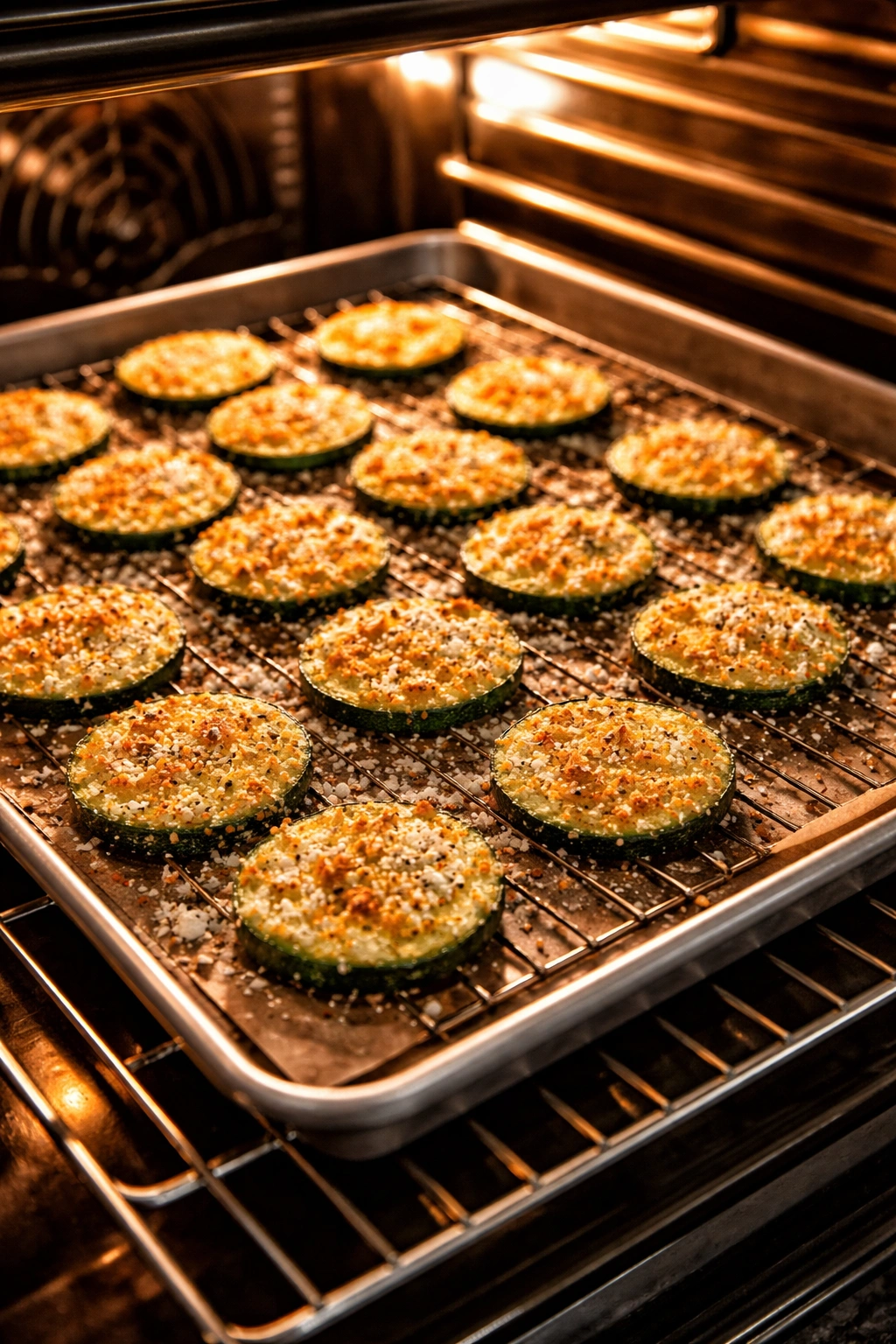 Zucchini chips on a baking sheet inside oven with golden edges