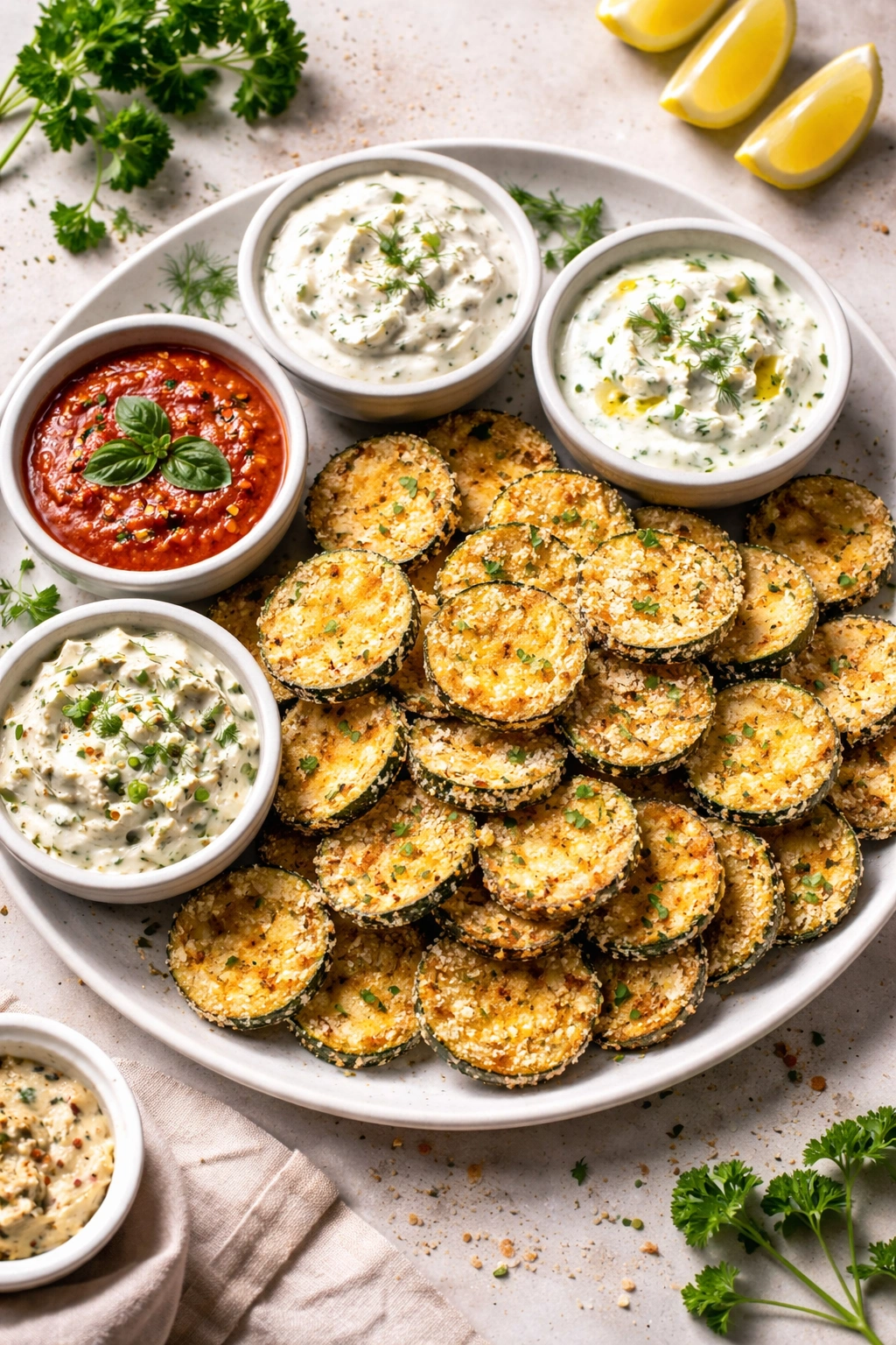 Zucchini chips with dips arranged for serving