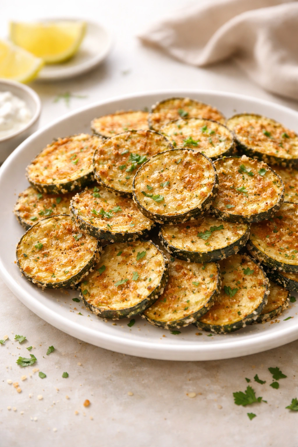 Plate of crispy parmesan zucchini chips on a neutral background