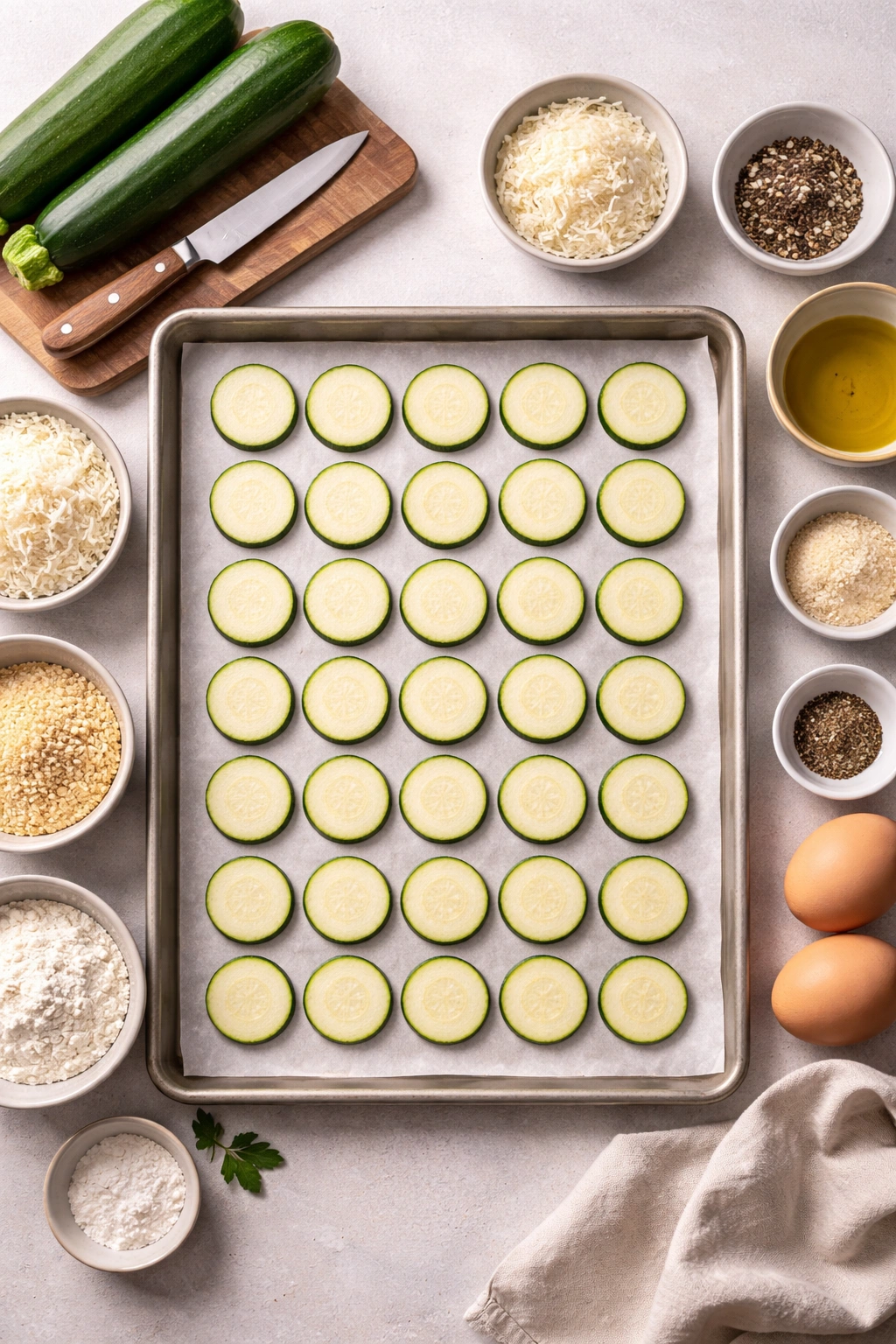 Evenly spaced zucchini chips on parchment-lined sheet ready for coating
