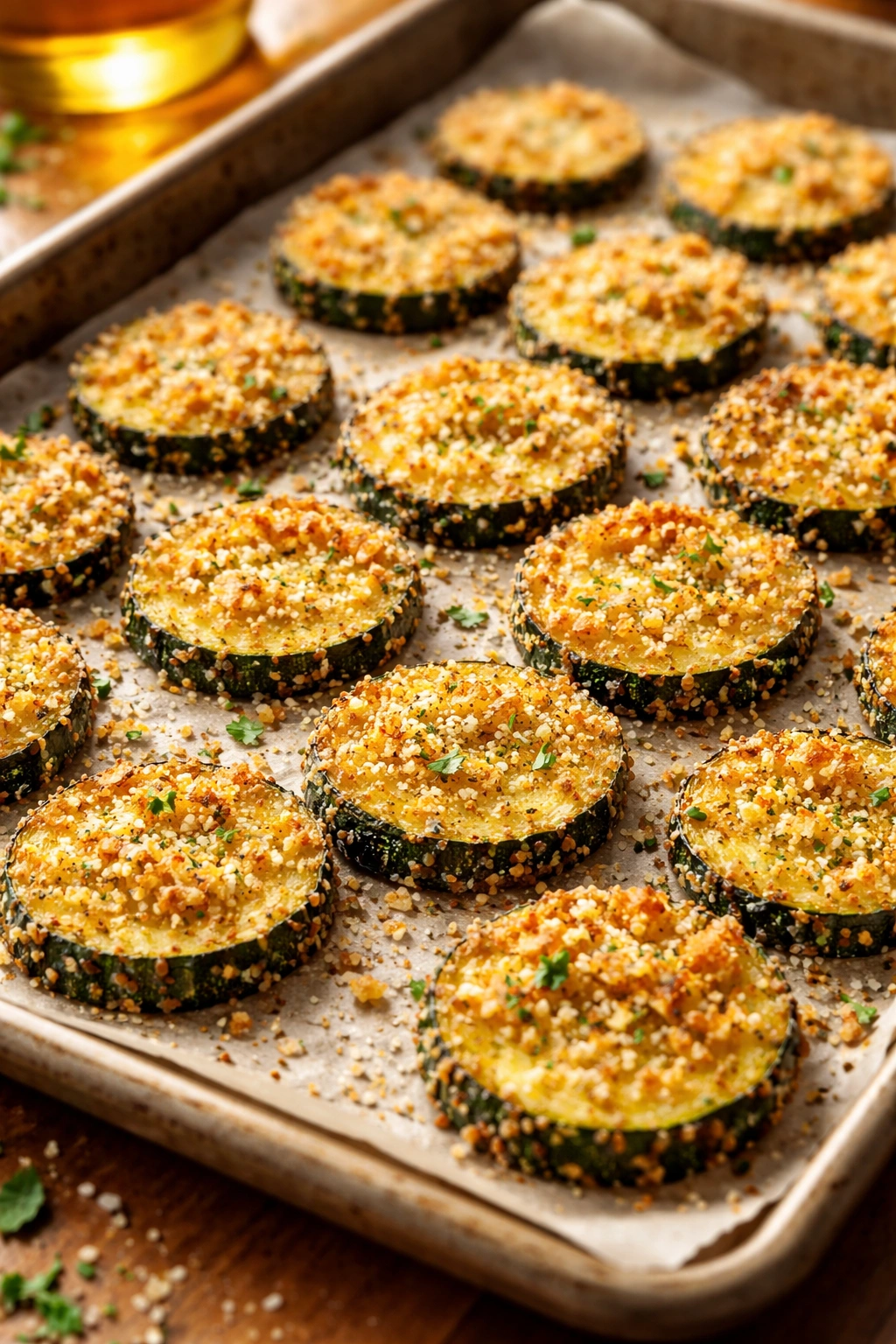 Parmesan-coated zucchini chips with even crust