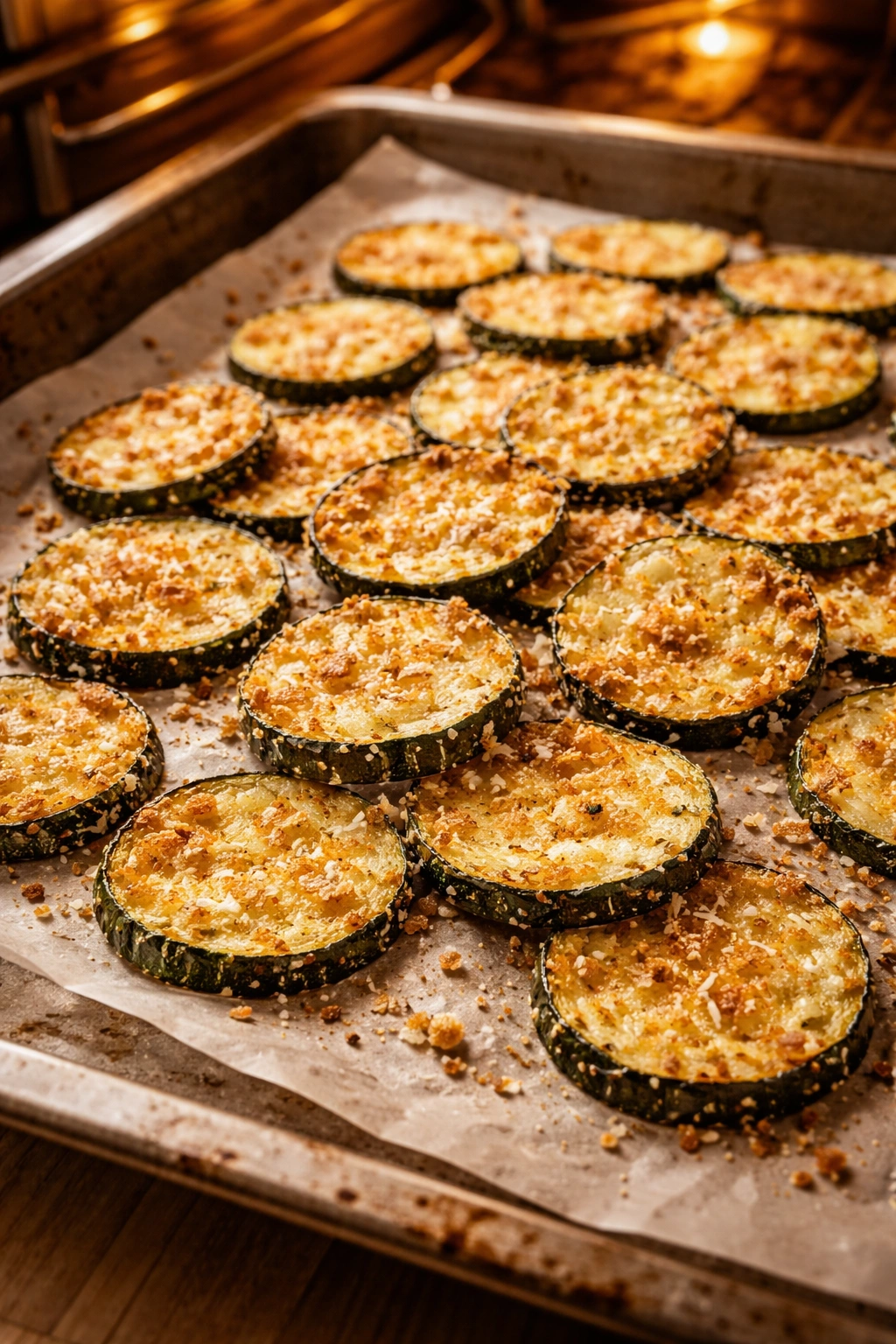 Close-up of crispy baked zucchini chips with parmesan on parchment