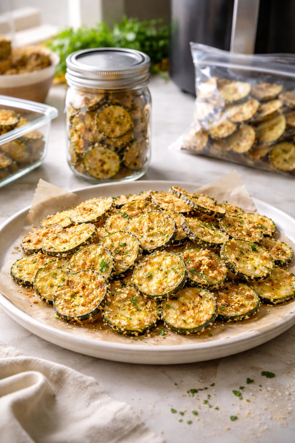 Zucchini chips on a plate suggesting storage and reheating