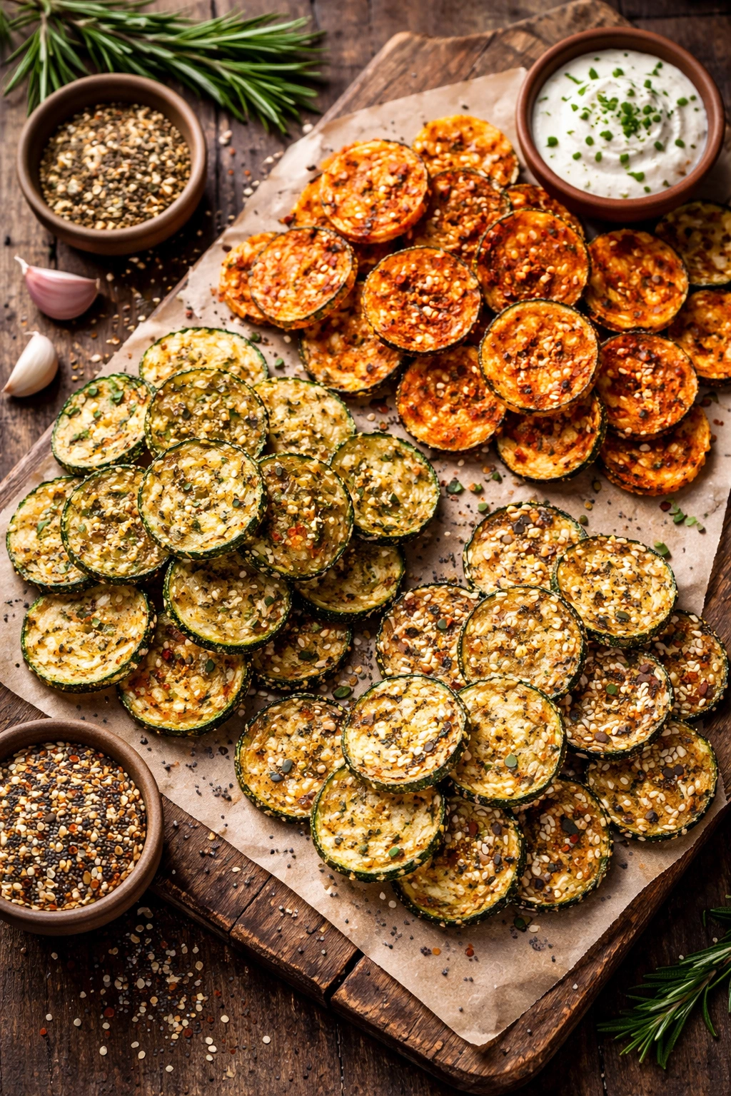 Zucchini chips with varied coatings on a rustic board
