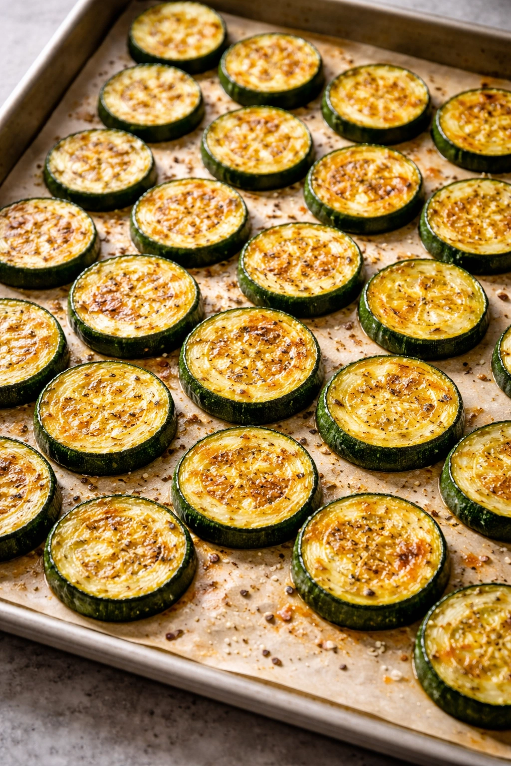 Zucchini slices with golden-brown edges on a baking sheet